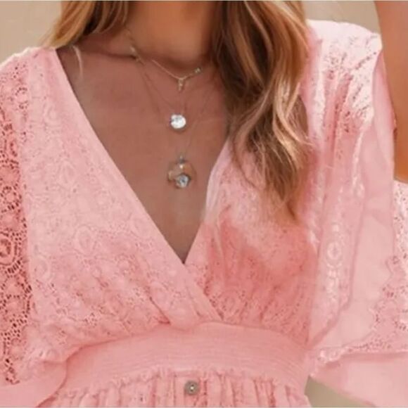 Boho Romantic Lace Overlay Angel Sleeve Mini Dress Pink sz S - Picture 5 of 11